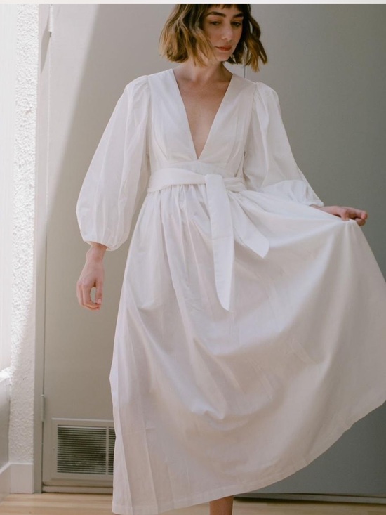 Mara Hoffman Dresses & Skirts - Mara Hoffman Maise Cotton Belted Deep V Puff Sleeves White Minimalist Dress, S